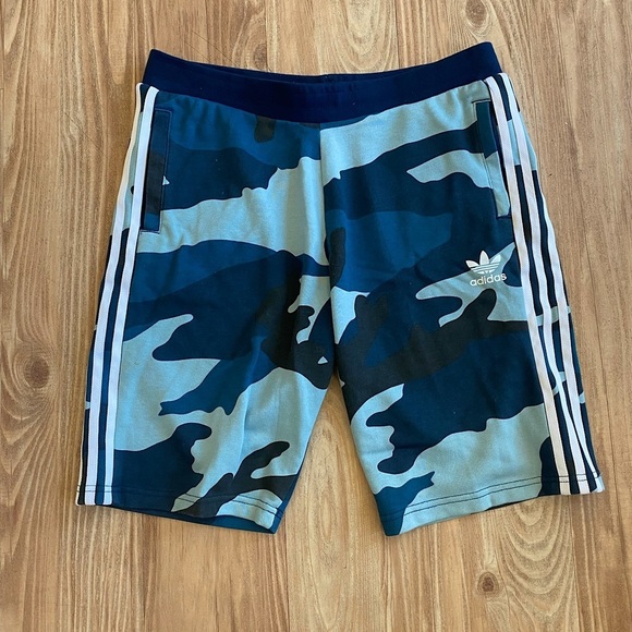 Adidas Three Stripe Blue Camouflage Sweatpant Shorts - Picture 1 of 6